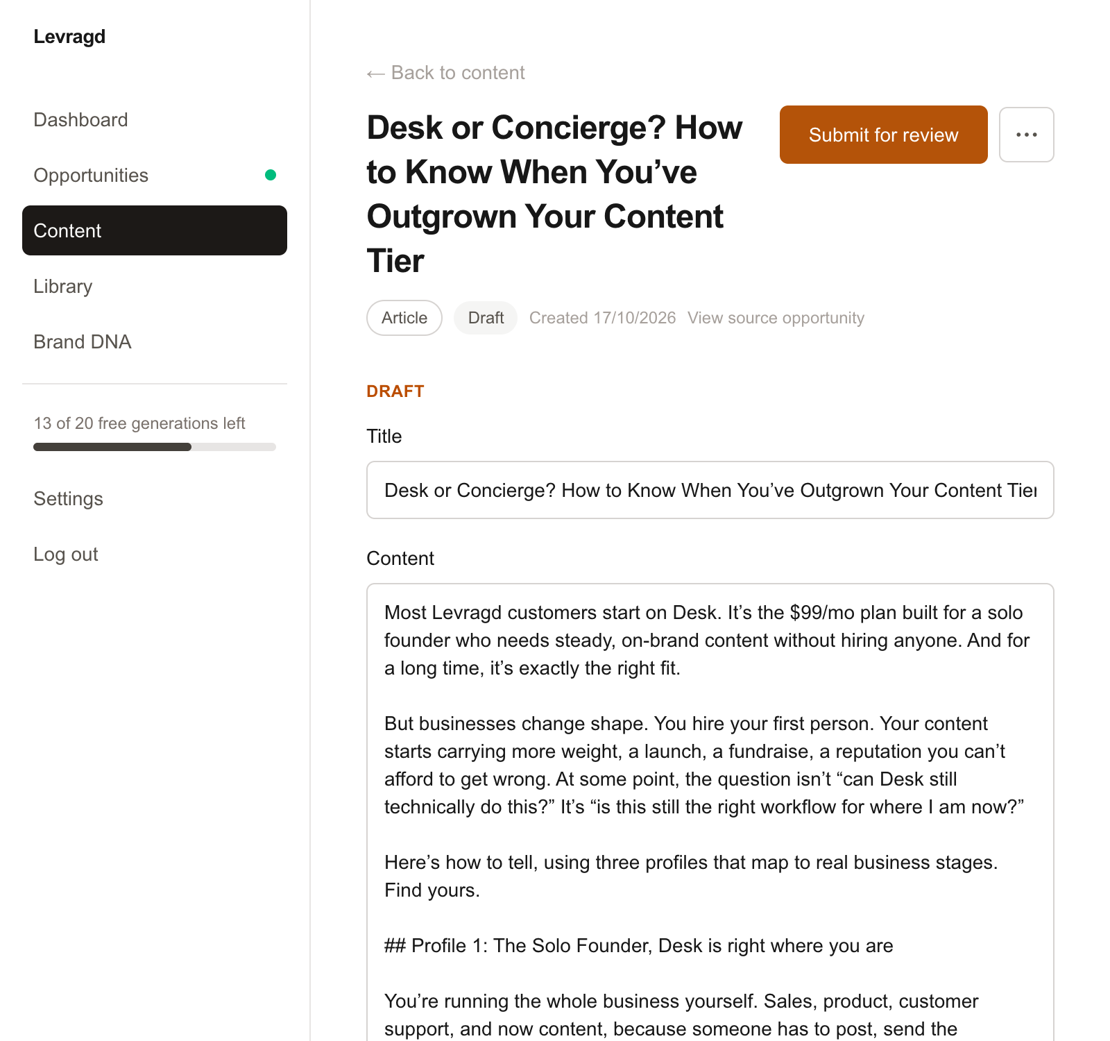 A generated article in the content editor, with its title and body ready to review and edit