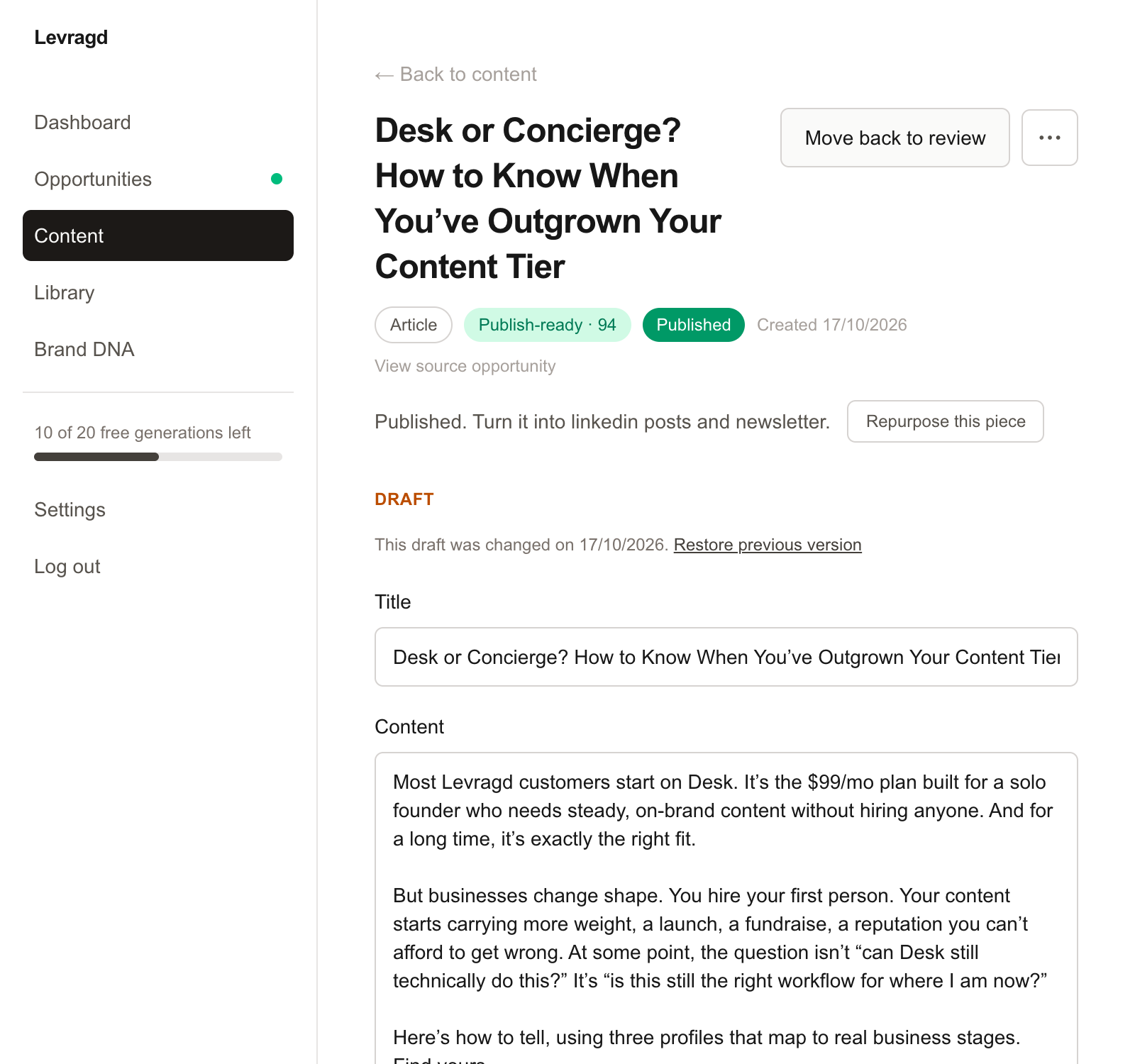 The same article after revision, now marked Published next to its Publish-ready quality score of 94