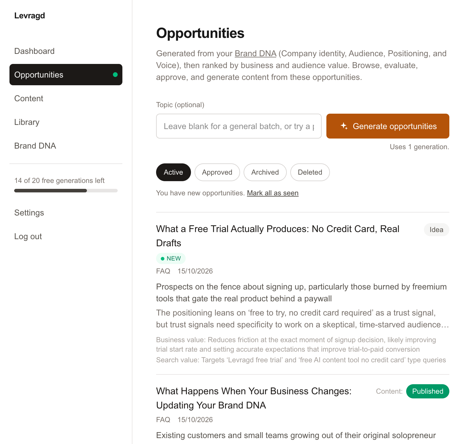The Opportunities screen, listing AI-generated content ideas each with a rationale, recommended format, business value, and search value