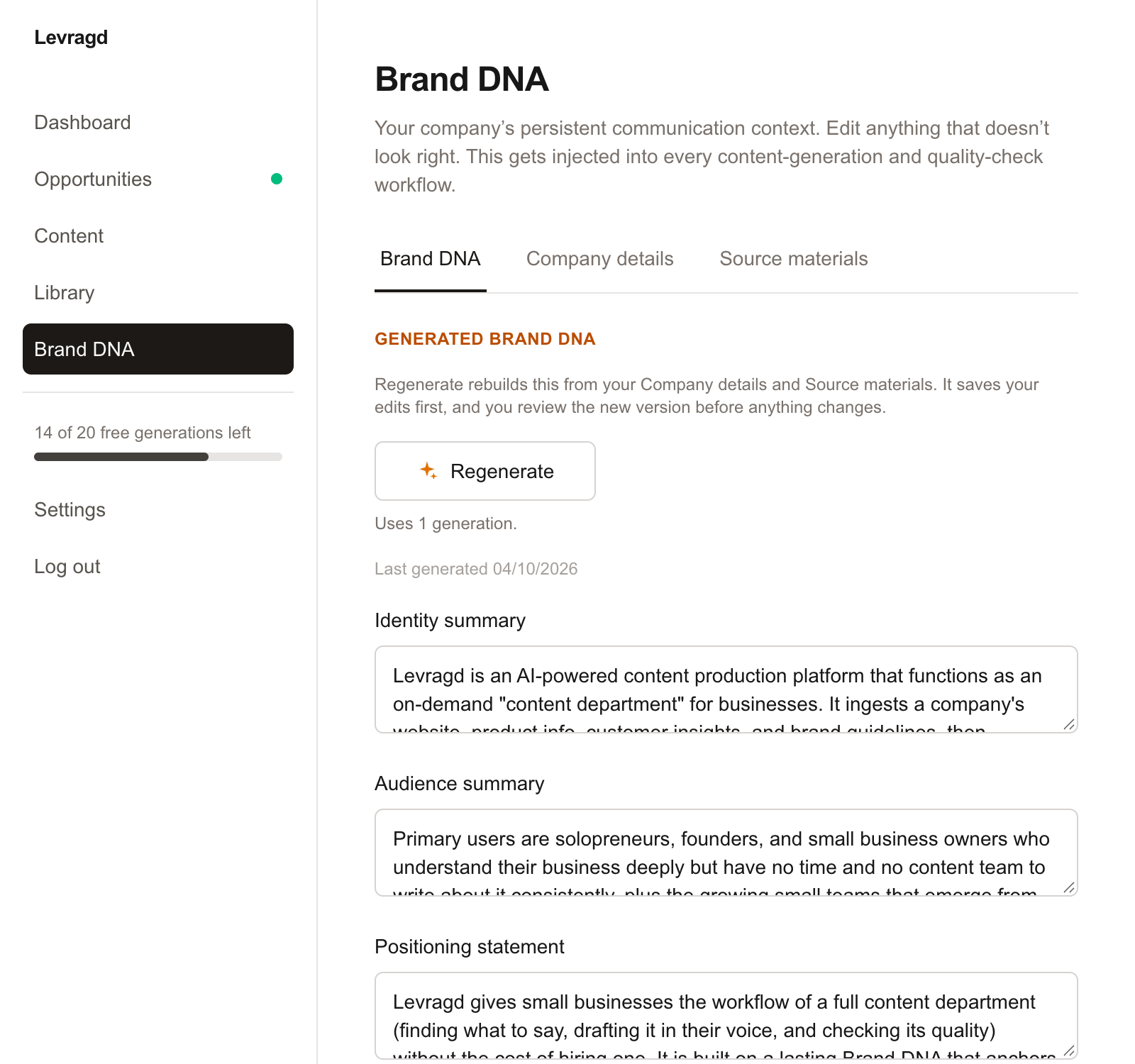 The Brand DNA screen, showing a generated identity summary, audience summary, positioning statement, and voice guidelines for a company
